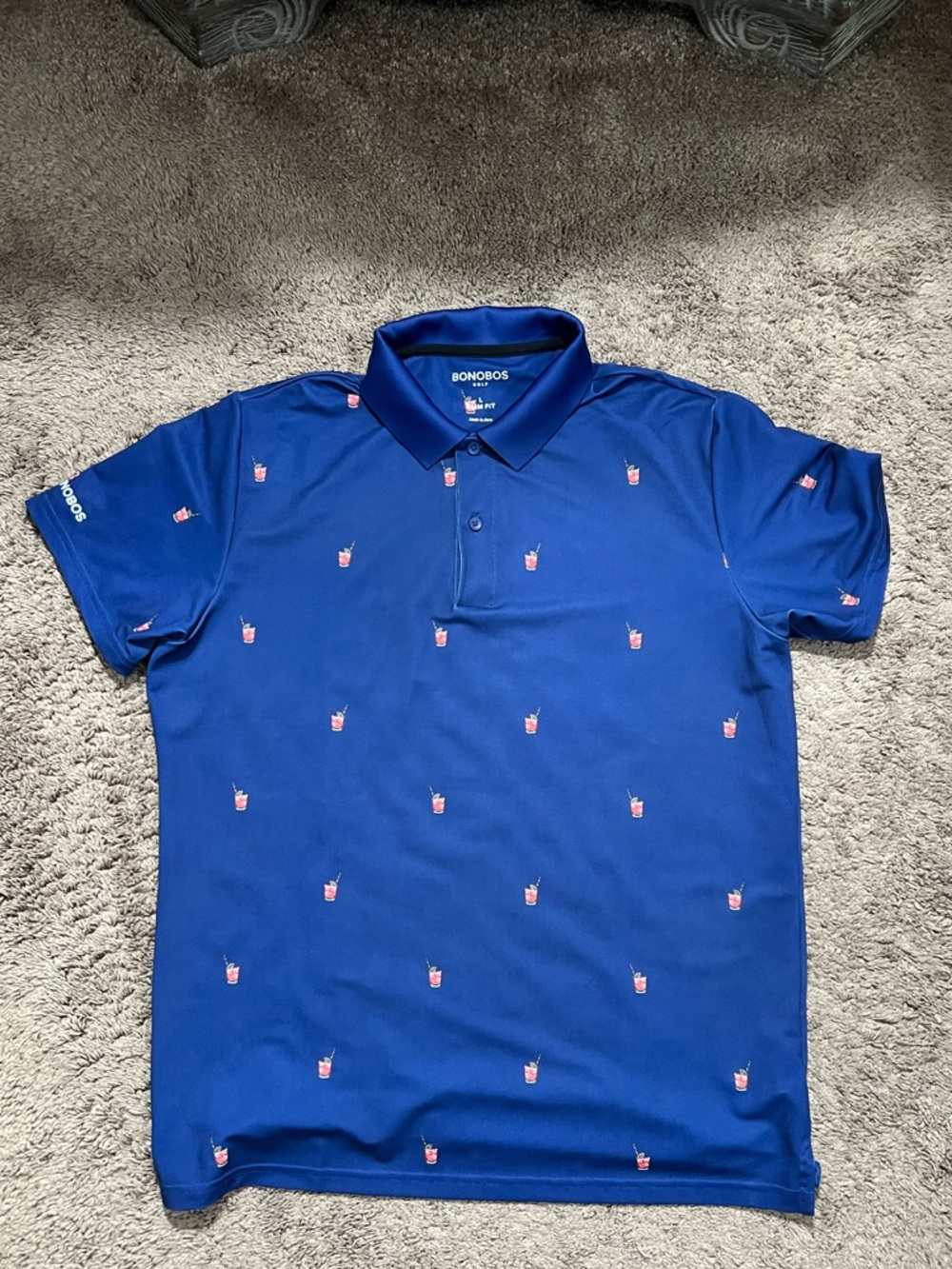 Bonobos Men's Royal Blue Polo with Pink Drink Motif